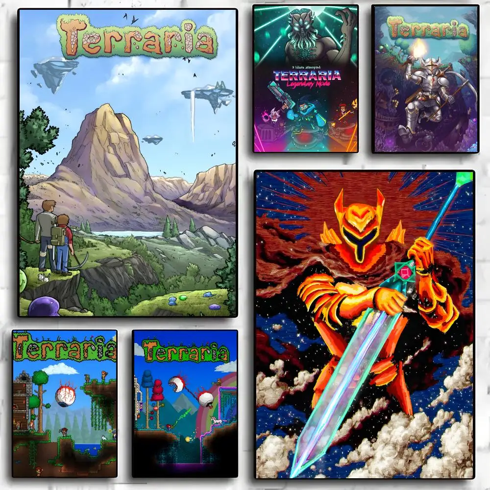 Terraria Game Pixel Fantasy Adventure Poster Self-adhesive Advanced Aesthetic Printing Paper Wall Art for Living Room Home Decor