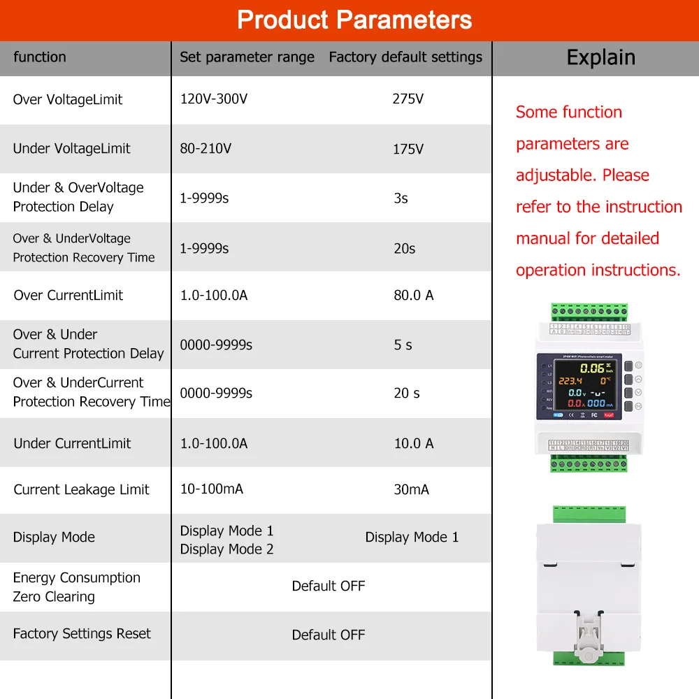 100A Tuya WiFi Smart Three-Phase Meter Protector with Overvoltage/Undervoltage/Current Protection Bidirectional Monitoring