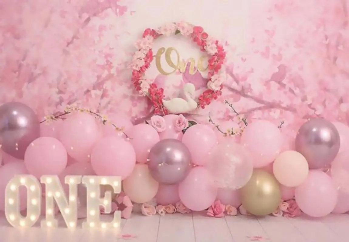 Girl 1st Birthday Photography Background Pink Floral Balloon Party Decoration Supplies Backdrop Happy Birthday Photo Studio Prop