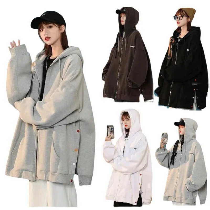 Hooded Cardigan Coats Streetwear Women's Baseball  Loose Breasted Zipper Lined Hoodie Plus Velvet Hooded Outwear