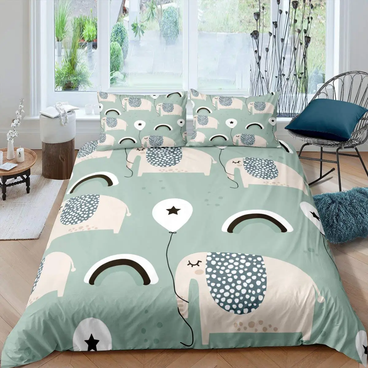 

Kids Elephant Bedding Set King/Queen Size Cartoon Cute Animal Duvet Cover for Girls Boys Lovely Wildlife Polyester Quilt Cover