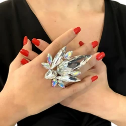 Shine Rhinestone Rings Water Drop Oversize for Women Exaggerated Drag Queen Accessories Bling Crystal Rings Luxury Jewelry