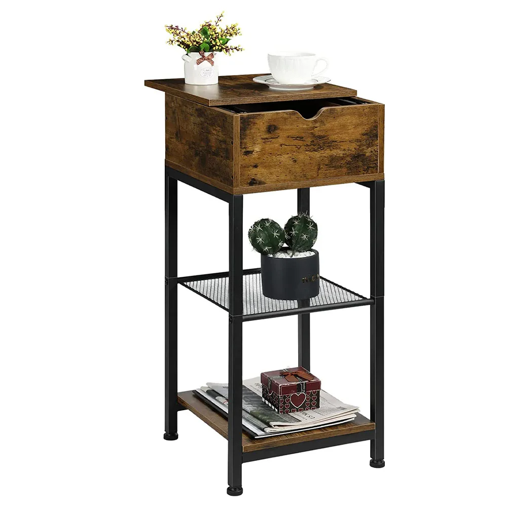 3 Tier Narrow End Table Nightstand w/ Charging Station for Living Room, Bedroom