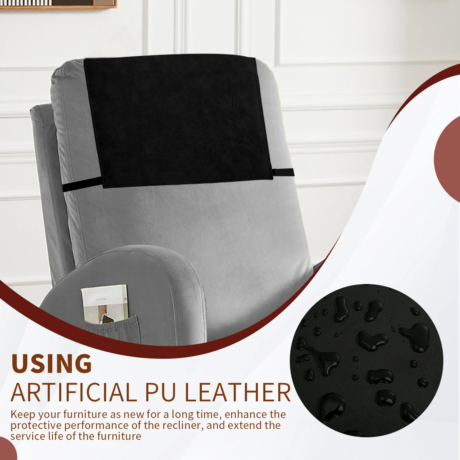 Faux Leather Headrest Cover Couch Recliner Headrest Protector with Elastic Straps Decorative Waterproof Furniture Headrest Cover