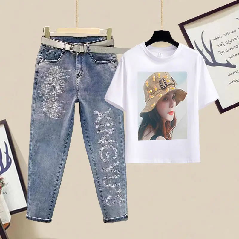 Women Set 2024 Summer New Women Denim Pants Hot Diamond Letter Short-Sleeved T Shirt + Small Feet Jeans Female Two-Piece Suit