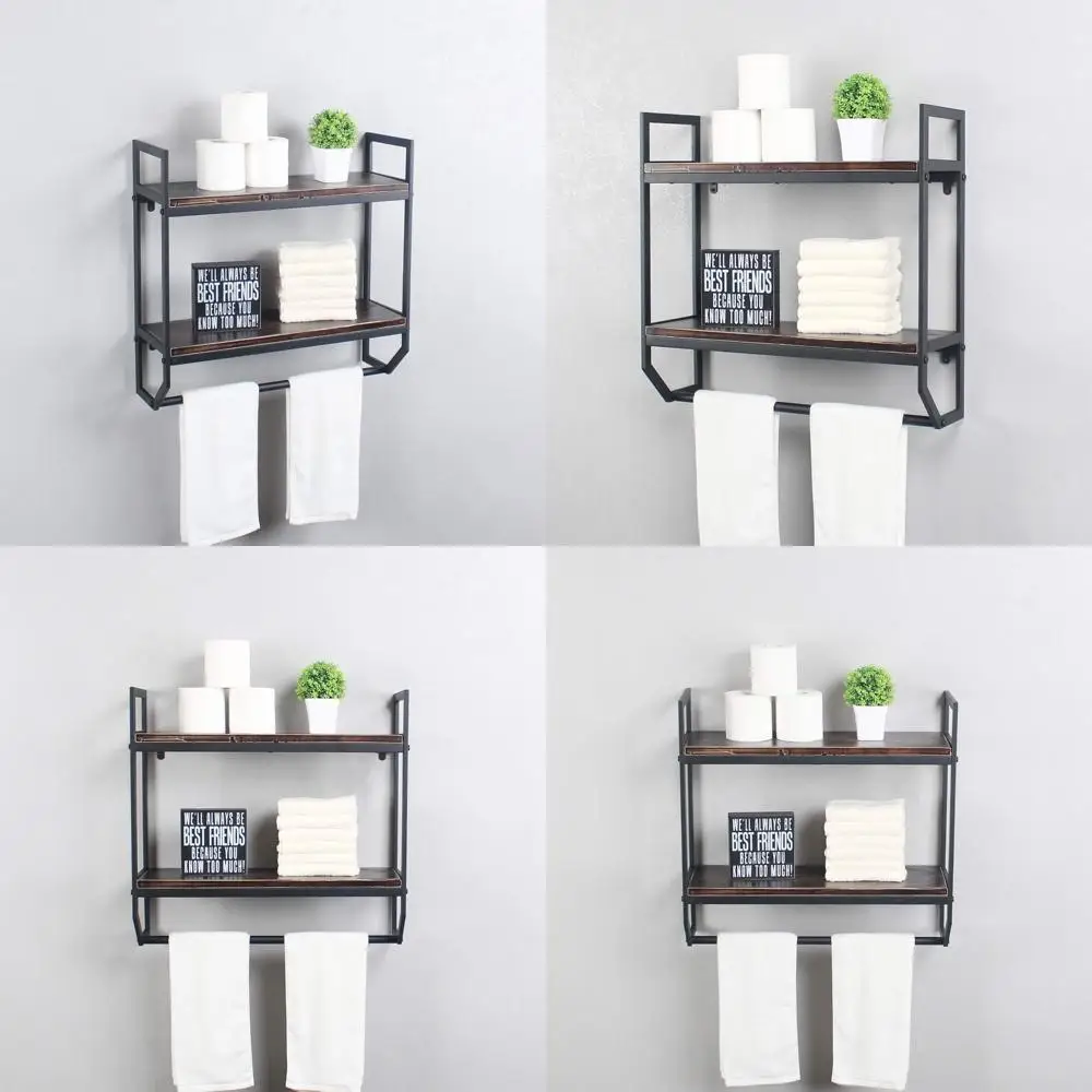 

2-tier metal industrial 23.6" bathroom shelves wall mounted,rustic wall shelf over toilet,towel rack with towel bar,utility stor
