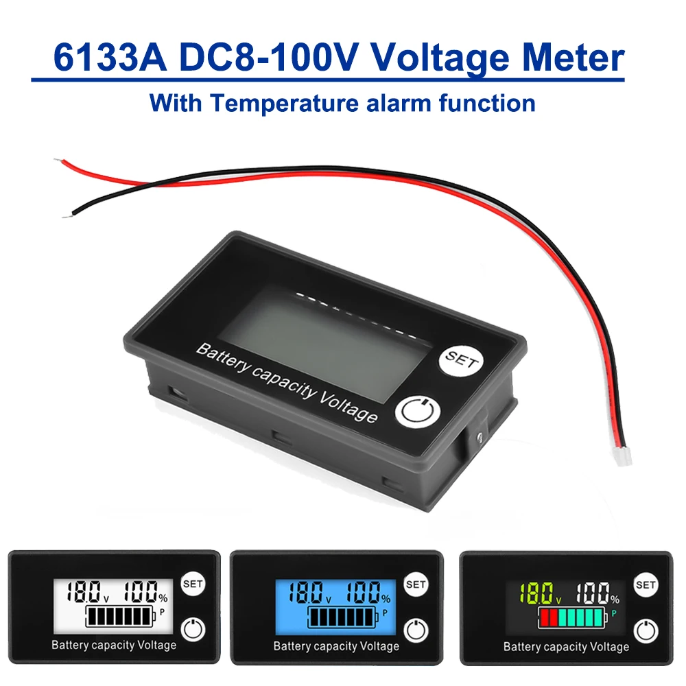 6133A DC8-100V Voltmeter Digital Battery Indicator Voltage Meter Lithium Ion Battery Capacity Monitor Temperature alarm function