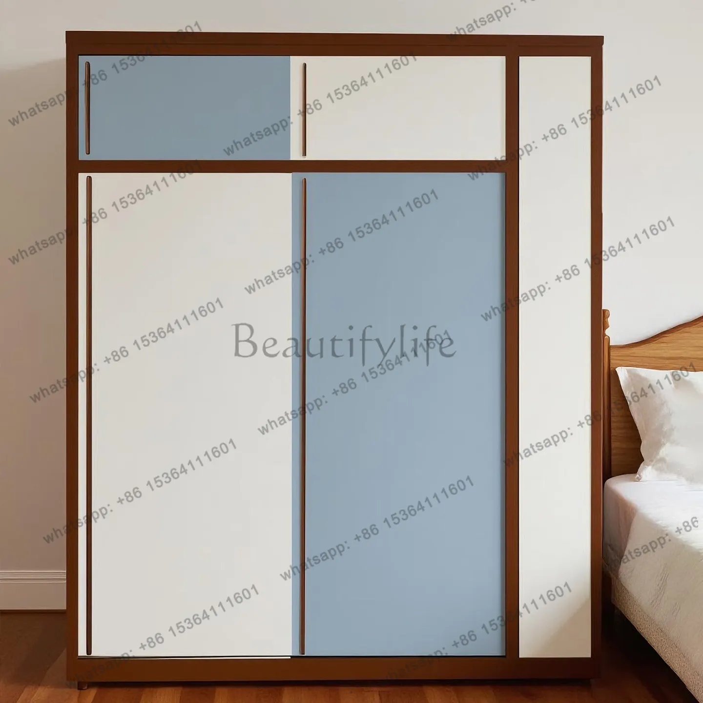 Medieval style solid wood color matching wardrobe small apartment solid wood sliding door retro style large capacity