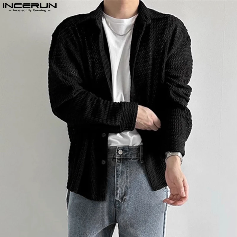 INCERUN Men Shirts Solid Color Hollow Out Lapel Long Sleeve Casual Men Clothing Streetwear 2024 Transparent Fashion Shirts S-5XL