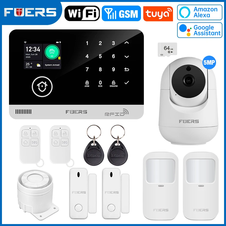 FUERS Alarmsysteem voor thuis WIFI GSM Beveiligingsalarm Host Ant-diefstal met deurbewegingssensor Tuya Smart App-bediening werk Alexa