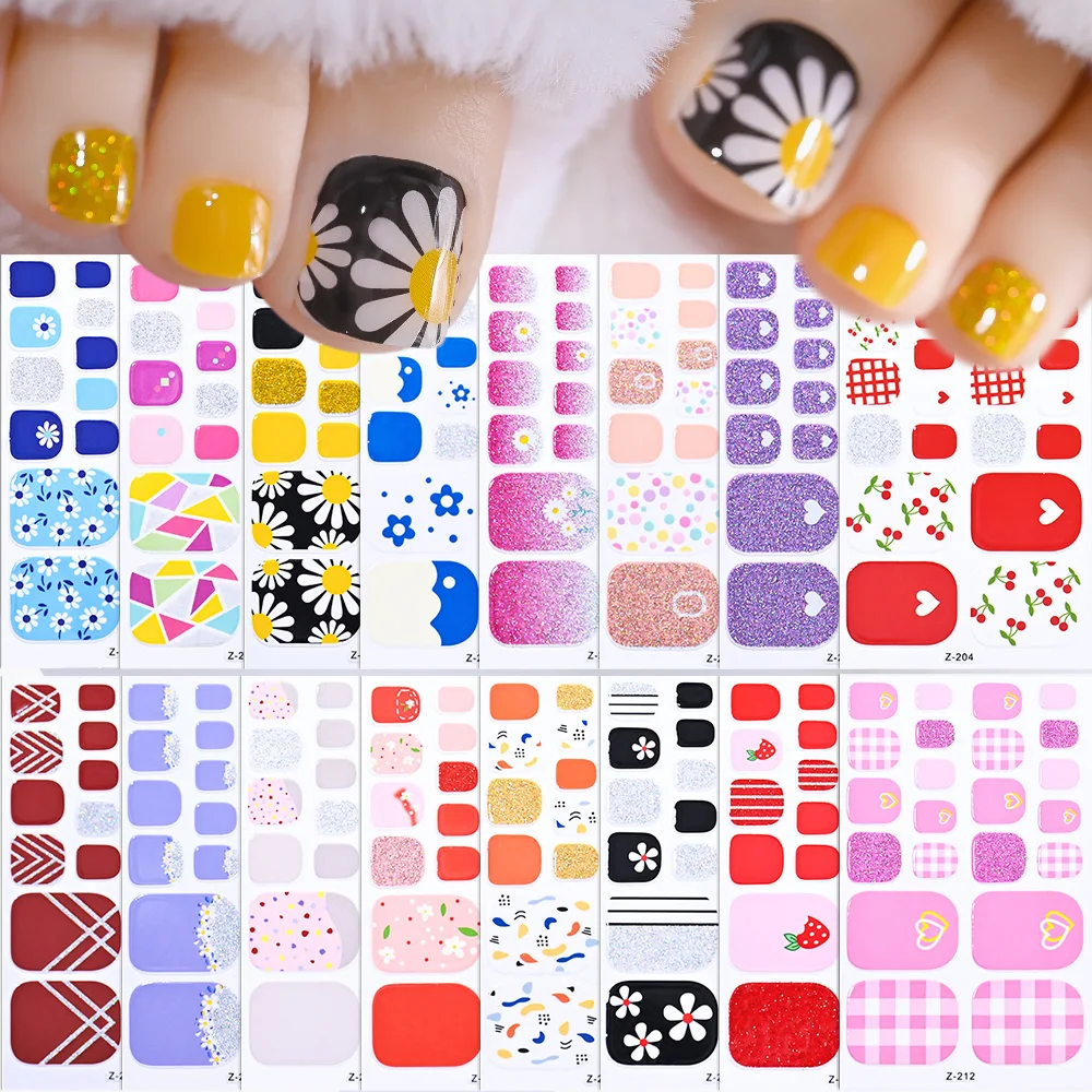 22Tips Red Pink Glitter Baking-free Teonail Stickers French Daisy Flowers Design Adhesive Full Cover Teo Nail Strip Feet Decals*