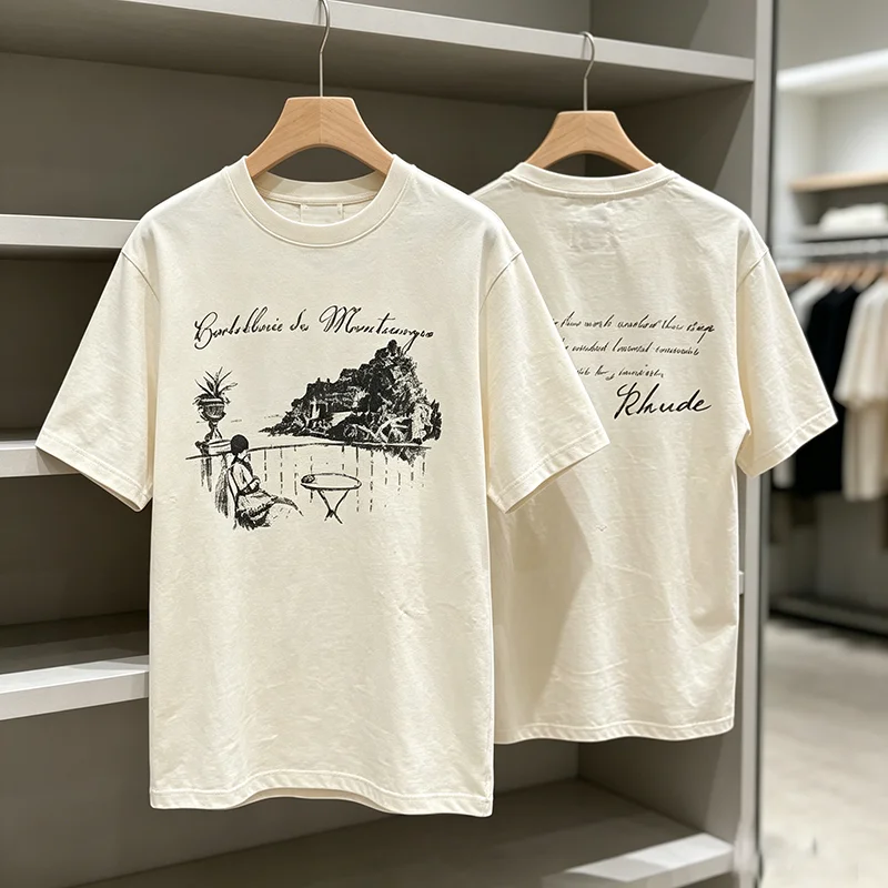 2026 New RHUDE Men's T-shirt Washed Aged Classic Landscape Sketch Print Loose Short Sleeve T Shirt