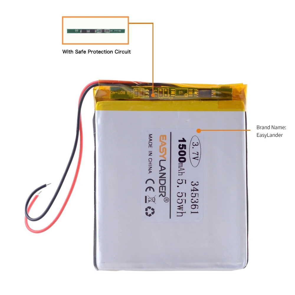 Batterie Lithium-ion Lipo Rechargeable, 3.7V, 1500mAh, 345361, 355360, Eddie, Polymer, Convient pour régule 3, régule 4, régule 5, DIY PAD, E-book, Enregistreur de Conduite