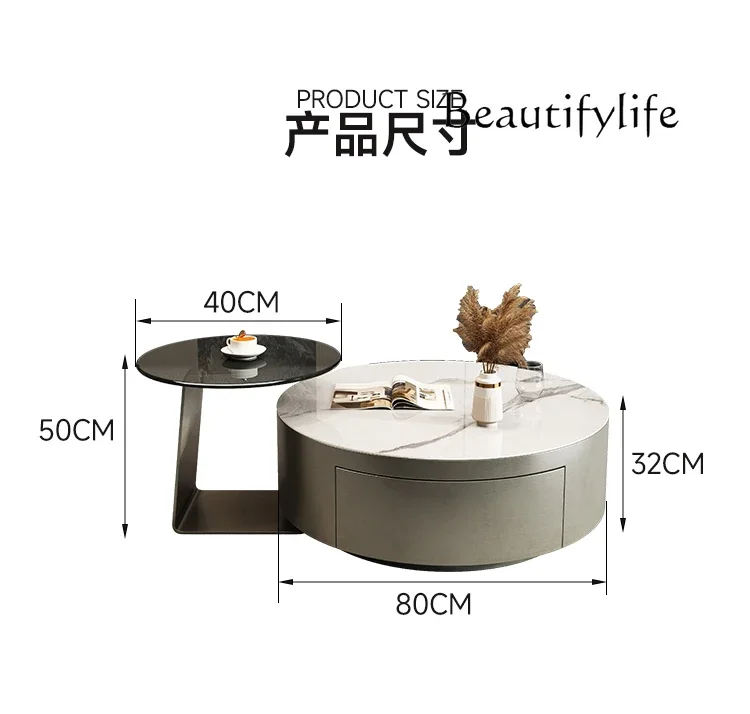 

Italian light luxury rock slab coffee table round size combination living room tea table modern simple storage