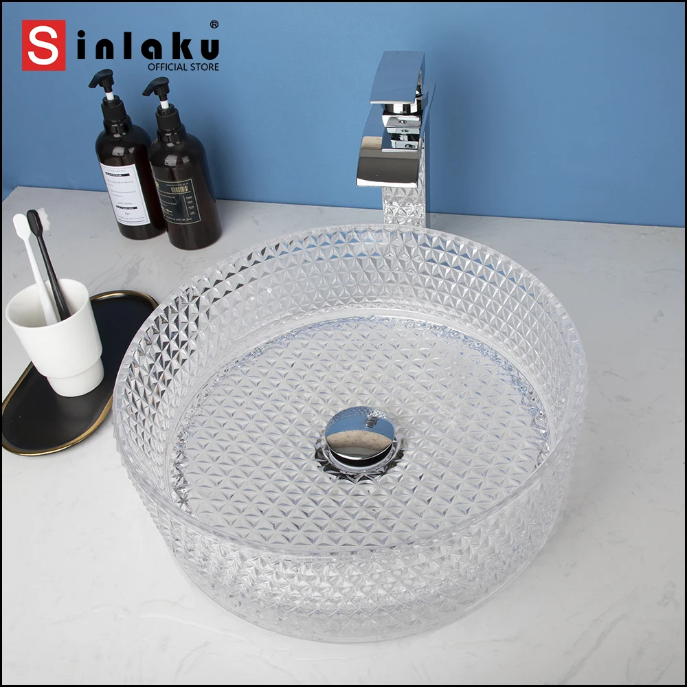 SINLAKU Transparent Glass Bathroom Basin Set Diamond Shaped Texture Sink With Pop-up Drainage Hot and Cold Faucets Mixer Taps