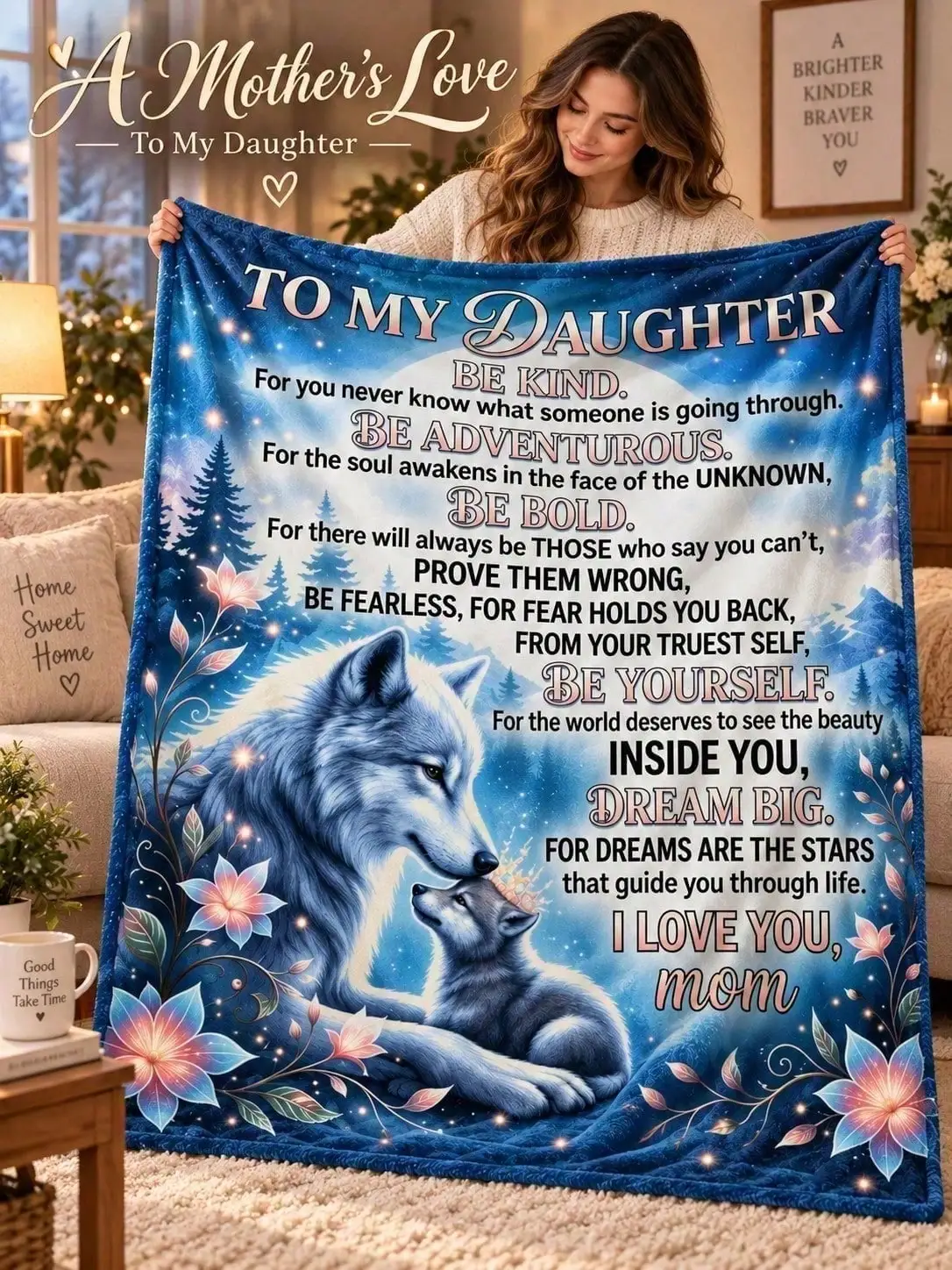 Daughter Wolf Moon Floral Maternal Love Flannel Blankets Sofa Throw Bed Home Decor Bedroom Living Room Halloween Thanksgiving Christmas Anniversary Birthday Housewarming Apartment Reading Nook Dorm Office Seasonal Accent Gift for Family Friends