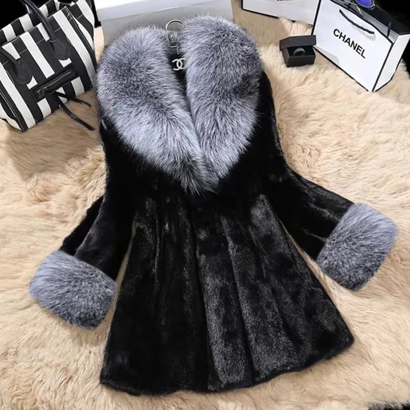 New Faux Fur Women's Overcoat Jacket Elegant Style Solid Color Fur Collar Splicing Nine-quarter Sleeves Pocket Jacket For Women