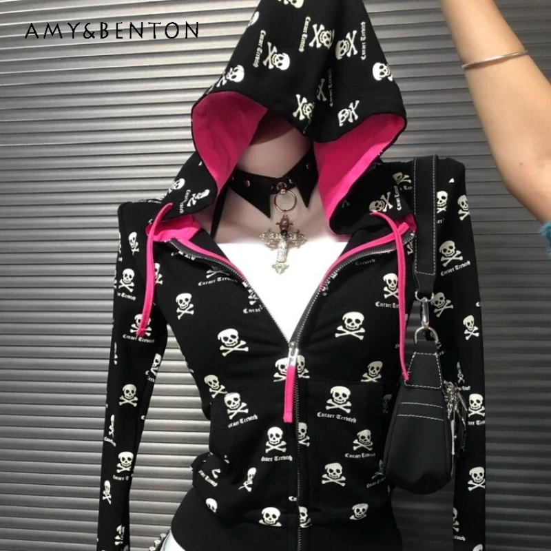 2025 Autumn New Black Subculture Gothic Rock Punk Y2K Hot Girl Women's Sweatshirts Original Design Hooded Top Jackets Ladies