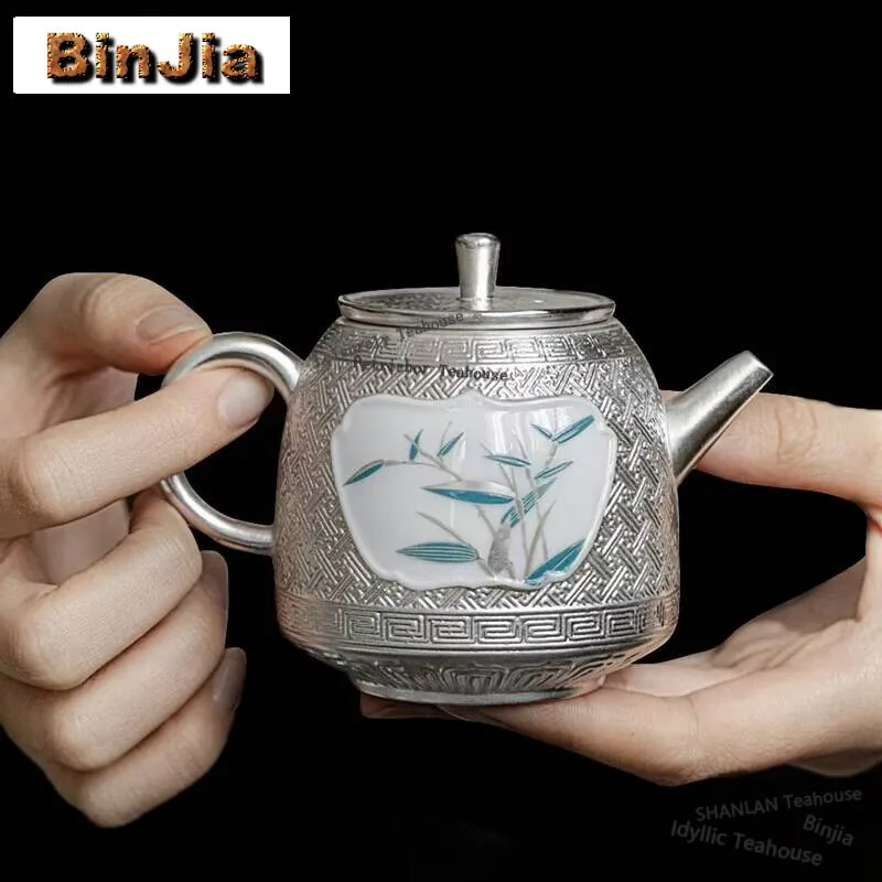 

180ml Luxury Open Window Bamboo Teapot Handamde 999 Sterling Silver Gilded Pot Tea Making Kettle Tea Ceremony Collection Gifts