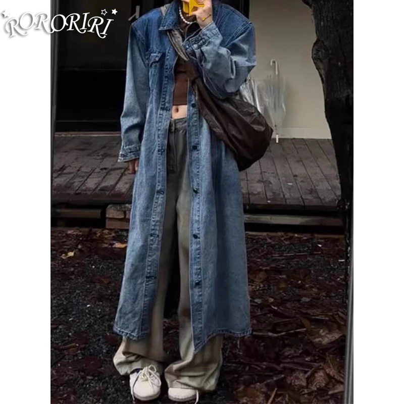 RORORIRI Gradient Ombre Long Denim Jacket Women Shoulder Pads Lapel Flap Pockets Button Down Oversize Coat Casual Retro Clothes