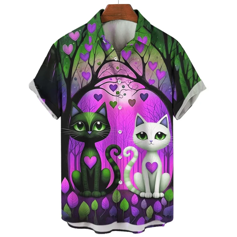 Hawaiian Shirts New Cartoon Anime Cat Pattern Print Short Sleeve Buttons T-shirt 2024 y2k Tops Summer Casual Womens Blouse Tees