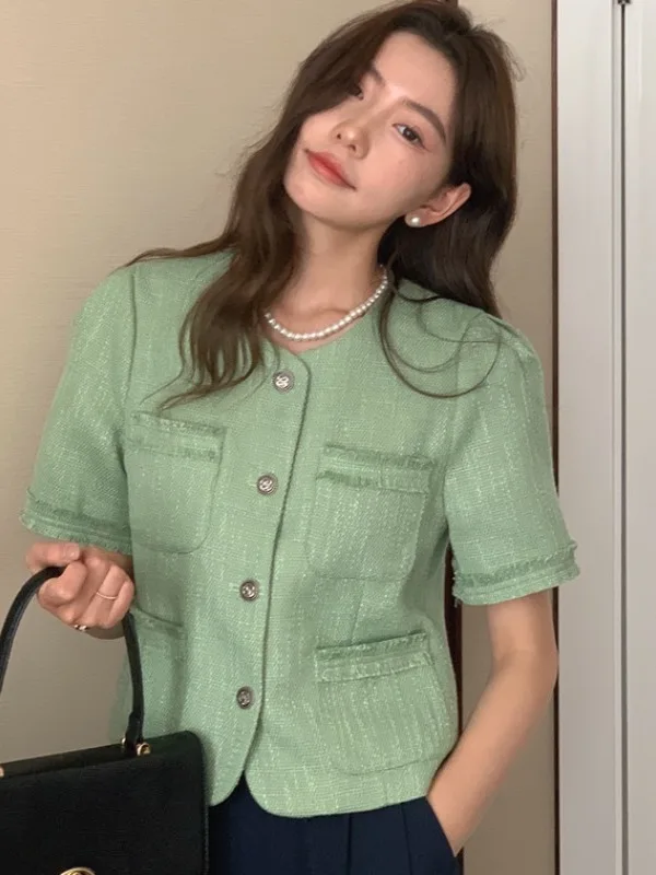 Chic été vintage petit parfum Sle bouton rond Multi ket effiloché ort Sve Jaet pour femme polyvalent mince Ma...