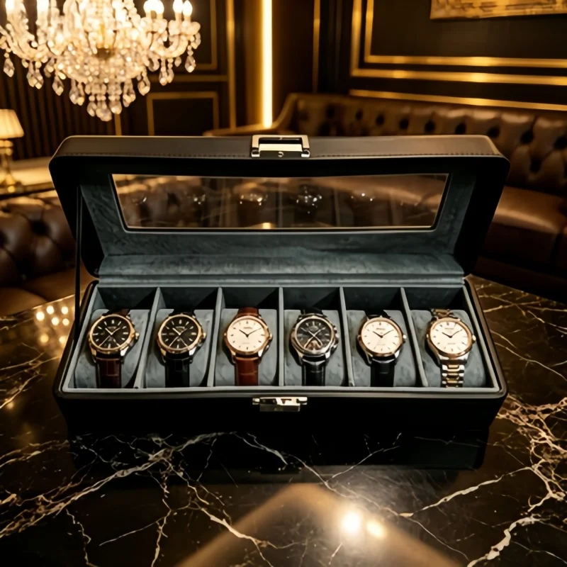 

Watch Collector's 6 Slot Watch Box Set, Lockable Clear Display Case + 2 Self-Closing Storage Bags 3Pcs Bundle