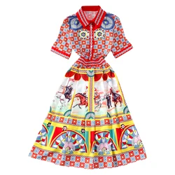 Runway Brand Designer Fashion Summer Holiday Horse Soldier Floral Midi Dress Shirt Women Short Sleeve Single Breasted Long Robe