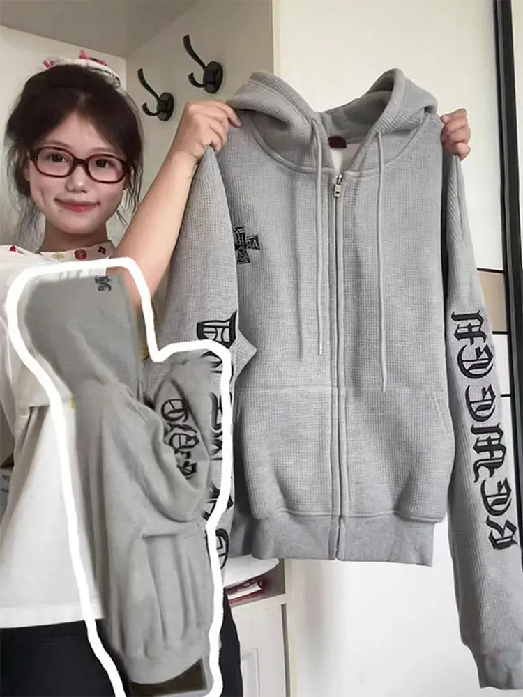 سترة نسائية بغطاء للرأس بسحاب متقاطع من American High Street سترة نسائية لربيع وخريف قوطي فضفاضة مفتوحة متعددة الاستخدامات ملابس خارجية غير رسمية عصرية