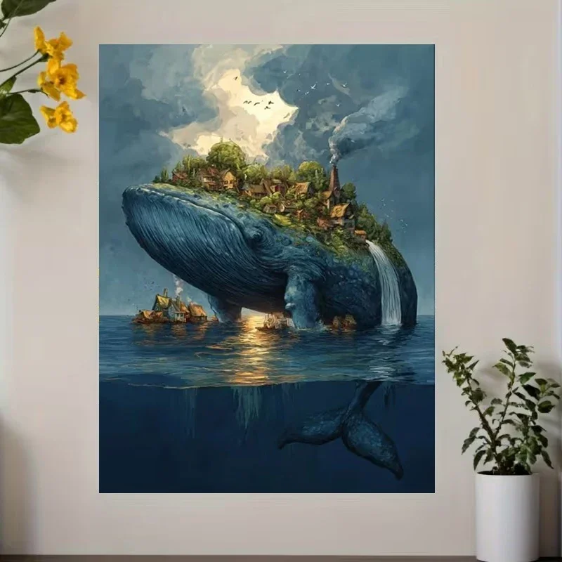 Multiple sizes 1pc frameless Canvas Painting,Whale Island Fantasy Fantastical Village Lush Forest Poster and Prints Canvas Paint