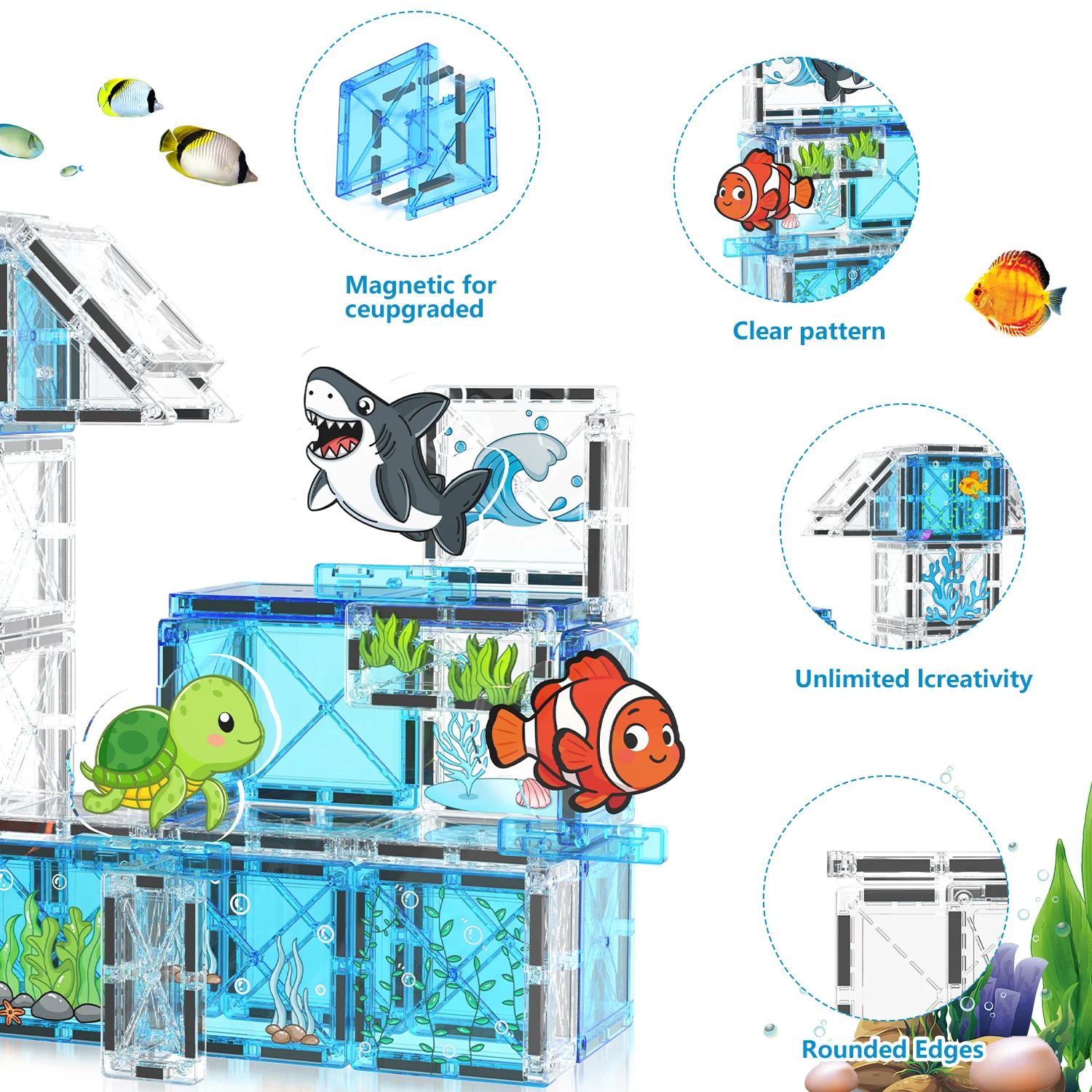 Magnetic building blocks for children, ocean animal scene, colorful geometric shapes, suitable for learning - Christmas gift