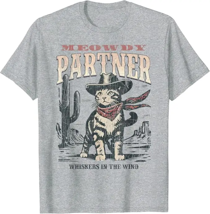 Meowdy T-Shirt Vintage kucing koboi T-Shirt Humor lucu Westerns Kitty Lover grafis kaus lengan pendek anak kucing pakaian hadiah baru