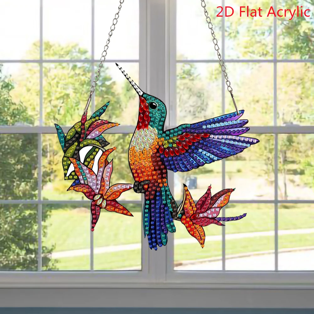 5D DIY Diamond Mosaic Hummingbird Flower Art Painting Kit Acrylic Pendant Hanging Decoration with Window Hanging Gift