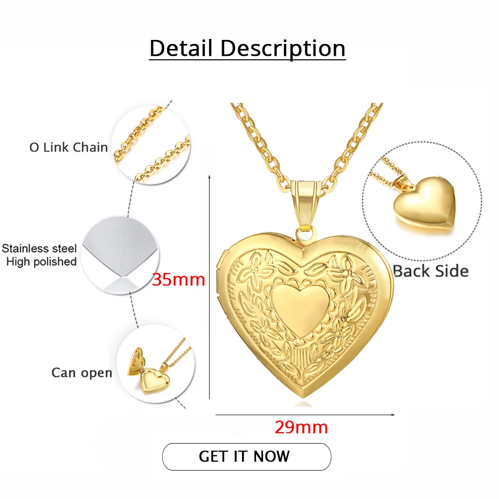 Romantic Heart Locket Pendant Female Gold Color Stainless Steel Openable Photo Frame Necklace for Women Jewelry Valentine\'s Gift