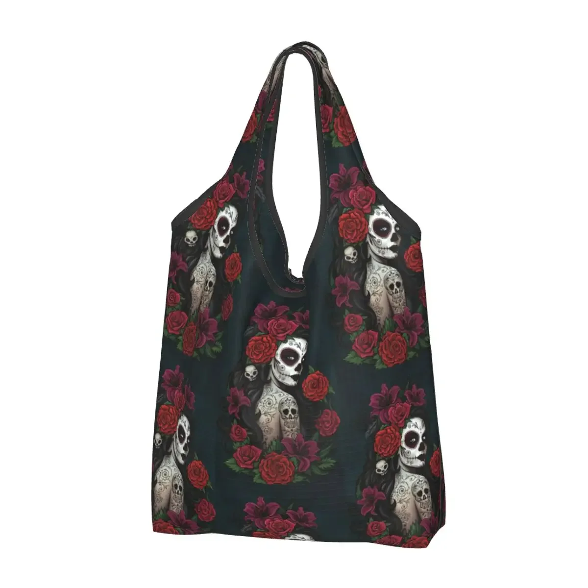 Fashion Mexican Sugar Skull  Day Of The Dead Shopping Tote Bag Portable Skeleton Gothic Halloween Groceries Shoulder Shopper Bag