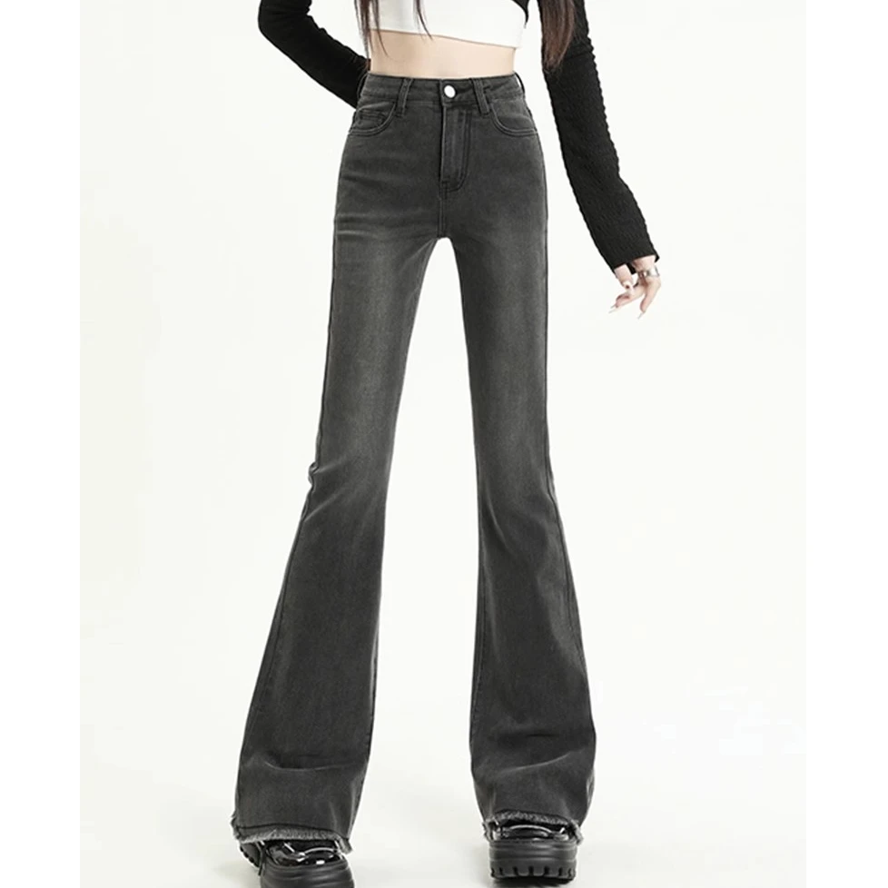 Smoke gray cold wind advanced sense of raw edge micro flare jeans female spring and autumn new high-waisted Slim horseshoe pants