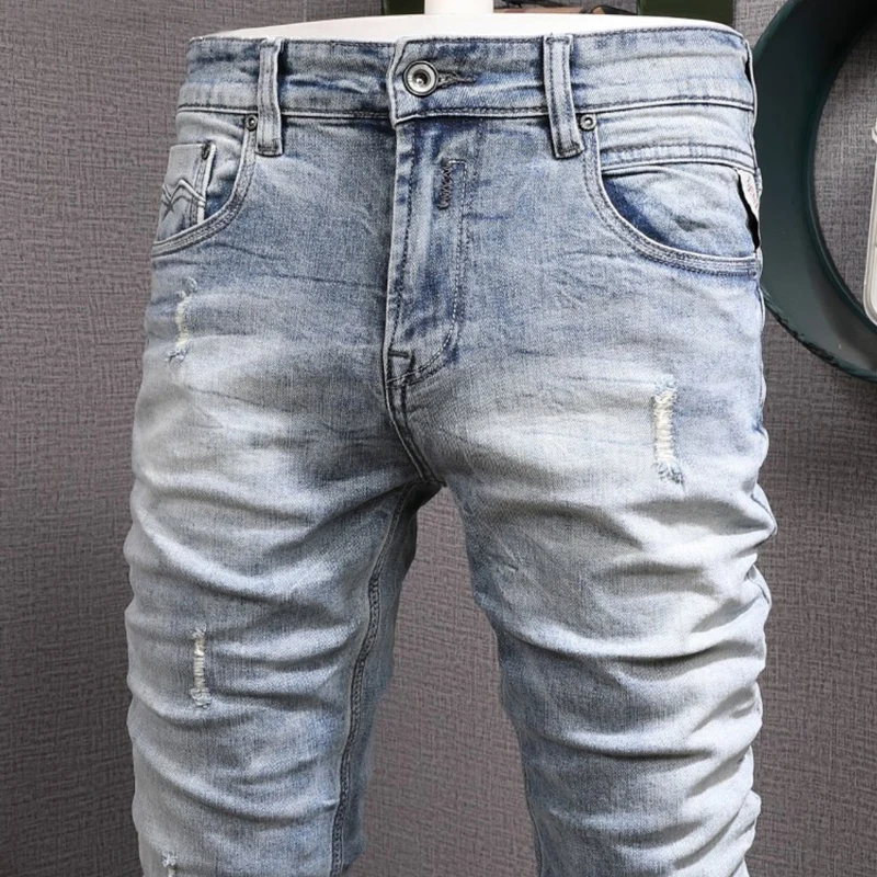 Fashion Designer Men Jeans Retro Light Blue Stretch Slim Fit Ripped Jeans Men Vintage Trousers Korean Style Casual Denim Pants