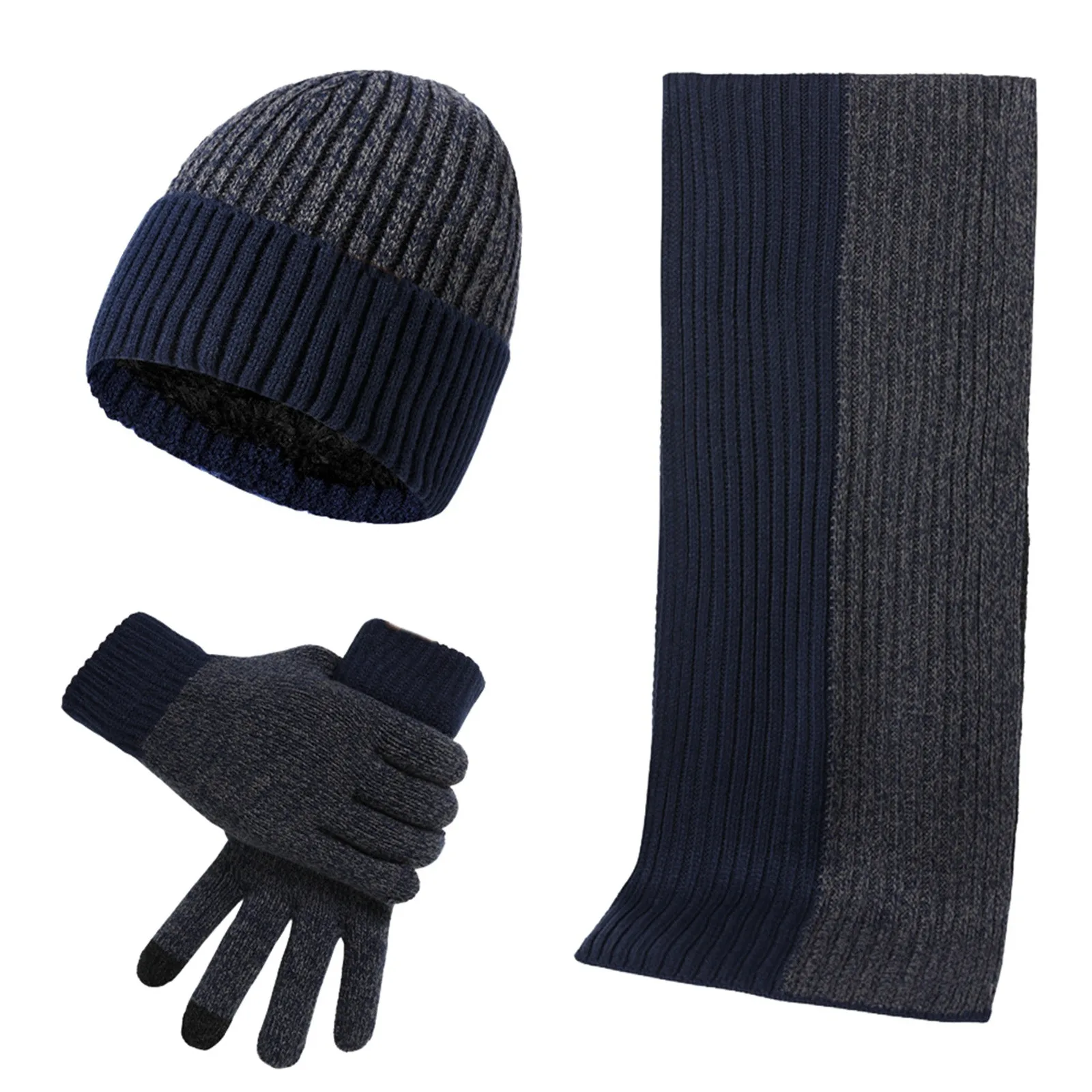 Pria musim gugur musim dingin tetap hangat Set Unisex Beanie sarung tangan syal pria wol benang rajutan Muffler Musim Semi jatuh warna kontras topi