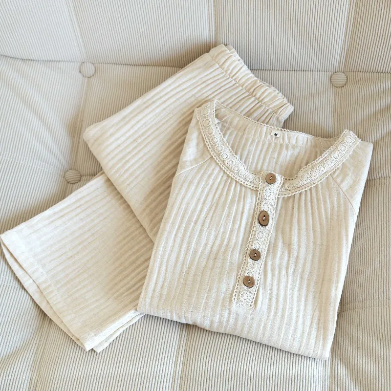 

Новый женский пижамный комплект весна-лето 2026 из 100% хлопка с кружевным воротником, длинные рукава, брюки, домашняя одежда, одежда для сна