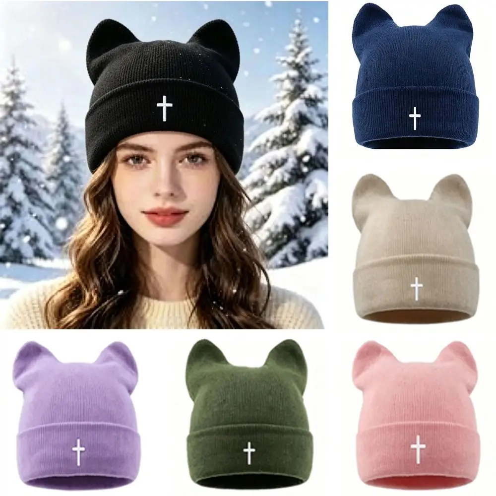 Fashion Cross-Embroidered Knitted Woolen Hat Windproof Keep Warm Cat Ear Beanies Cap Thickened Winter Bomber Hat Winter