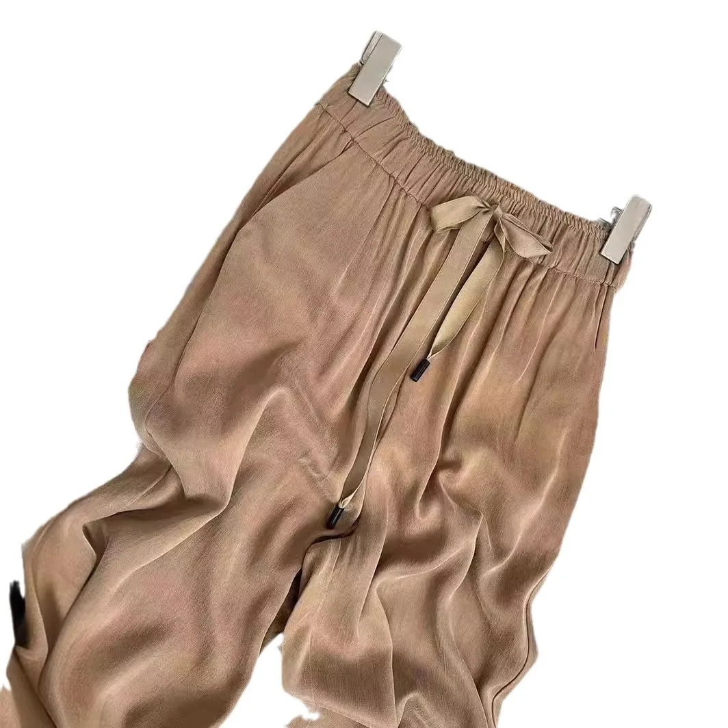 Acetic Acid Ice Silk Wide Leg Pants 2025 New Summer Thin Satin Casual Pants Women's High Waisted Straight Leg Pants Long Trouser