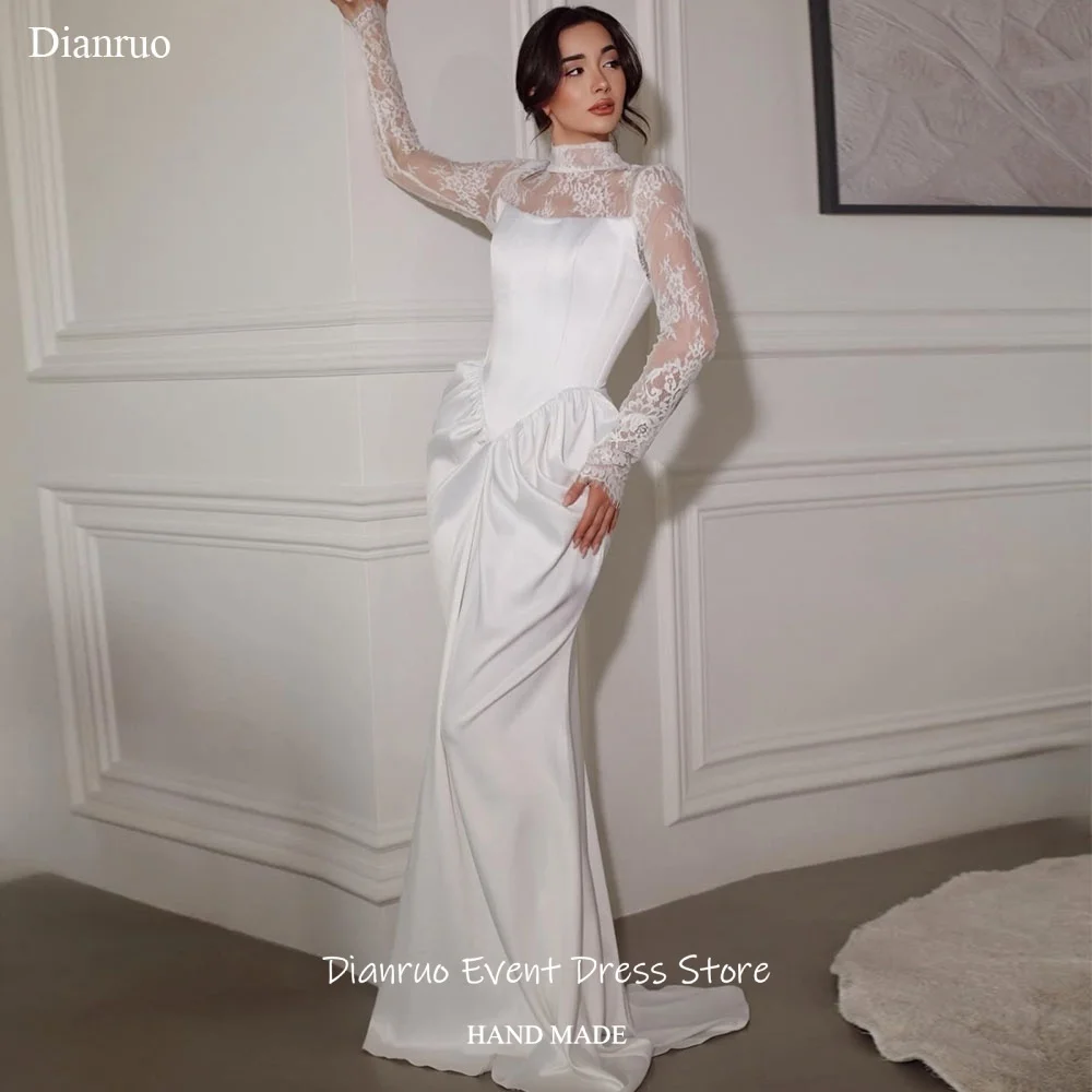 

Dianruo High Neckline Long Sleeves Modern Wedding Dress Maxi Mermaid Vestido De Noiva Delicate Lace Evening Dresses Customized