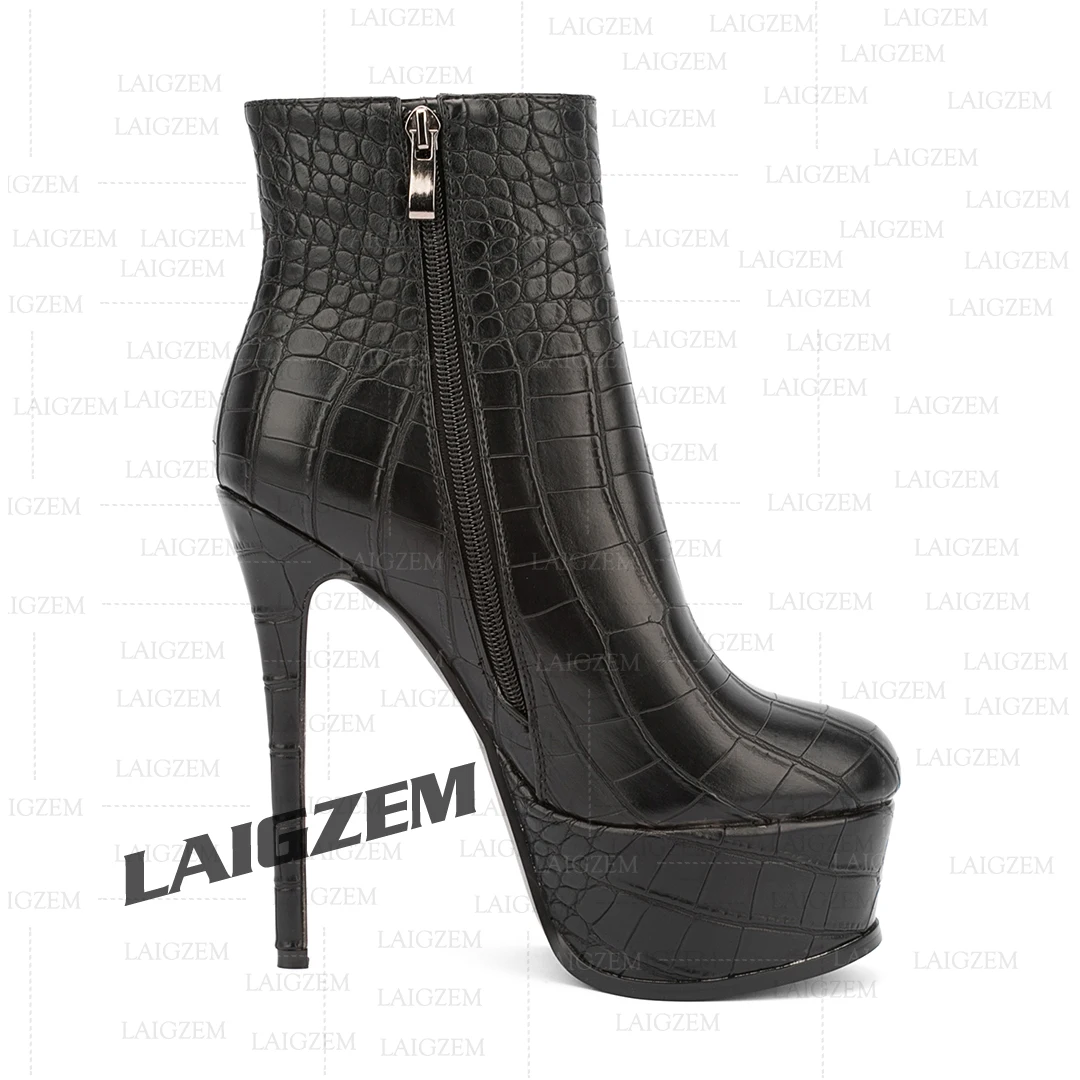 

BERZIMER Women Ankle Platform Boots Zip Up Faux Leather Thin High Heels Booties Ladies Shoes Woman Black Big Size 41 42 43 45