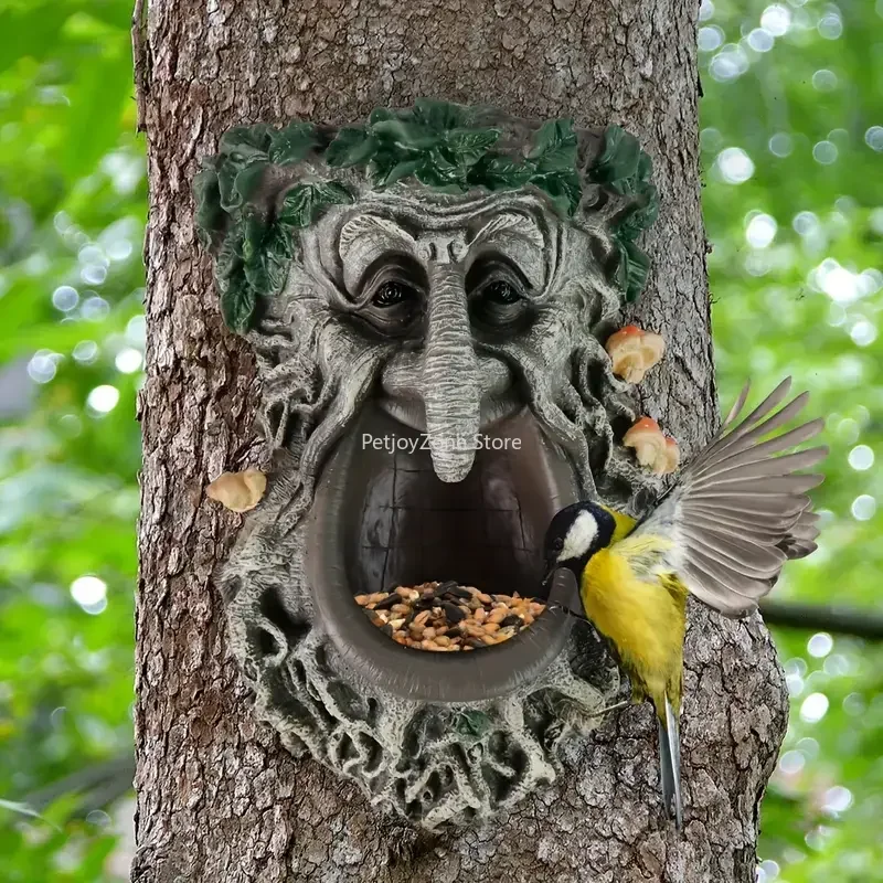 Outdoor Garden Yard Tree Face Wild Bird Feeder, Big Mouth Mushroom Tree Face Bird Feeder, Home Decor Statue