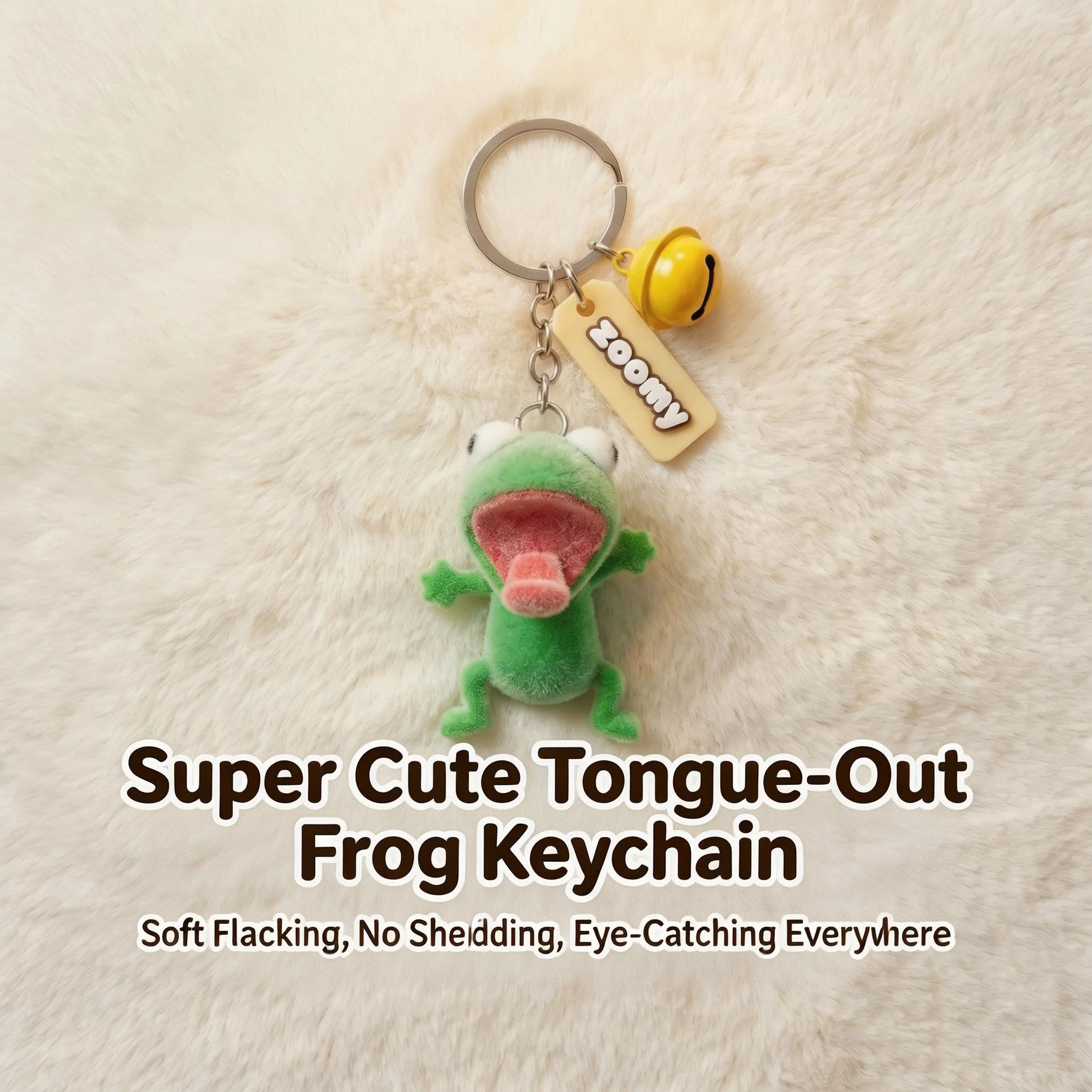 Funny Flocked Frog Keychain, Cute Tongue‑Out Frog Bag Charm with Bell Pendant, Novelty Key Ring for Backpack Keys Gift view 4