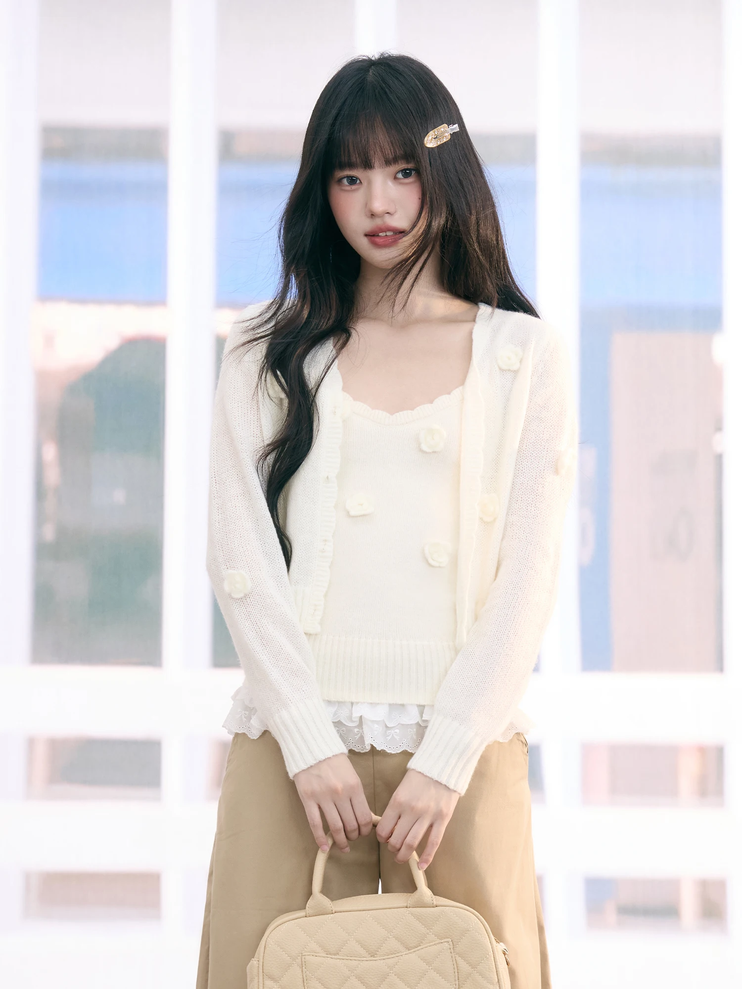 

Вязаный кардиган Wedhub Korean Sle Rose для женщин, ажурный, шикарный, осенний, модный, повседневный, с длинными рукавами