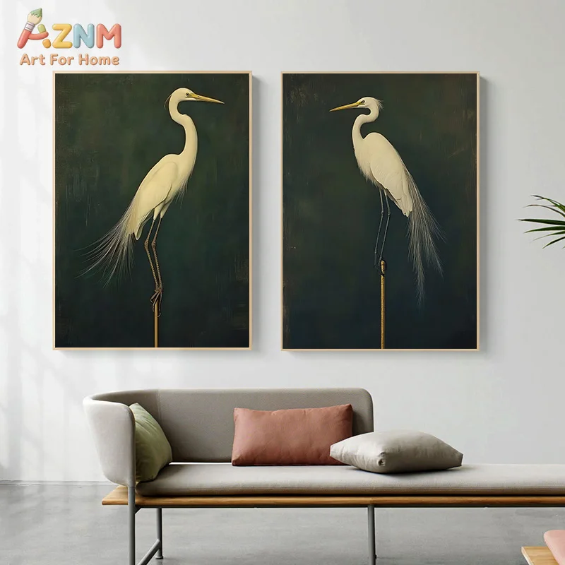 AZNM Vintage White Egret Canvas Wall Art Dark Green Background Heron Bird Retro Oil Painting Style Print Unframed Canvas Minimal