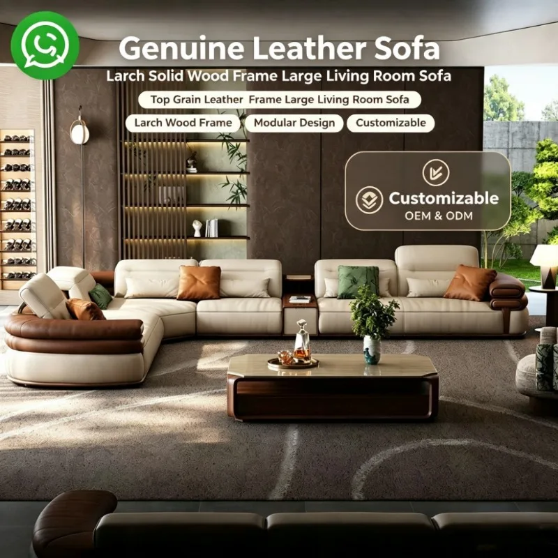 Luxury Corner Sectional Genuine Leather Sofa, Larch Solid Wood Frame Modular Couch for Large Living Room Home Furniture