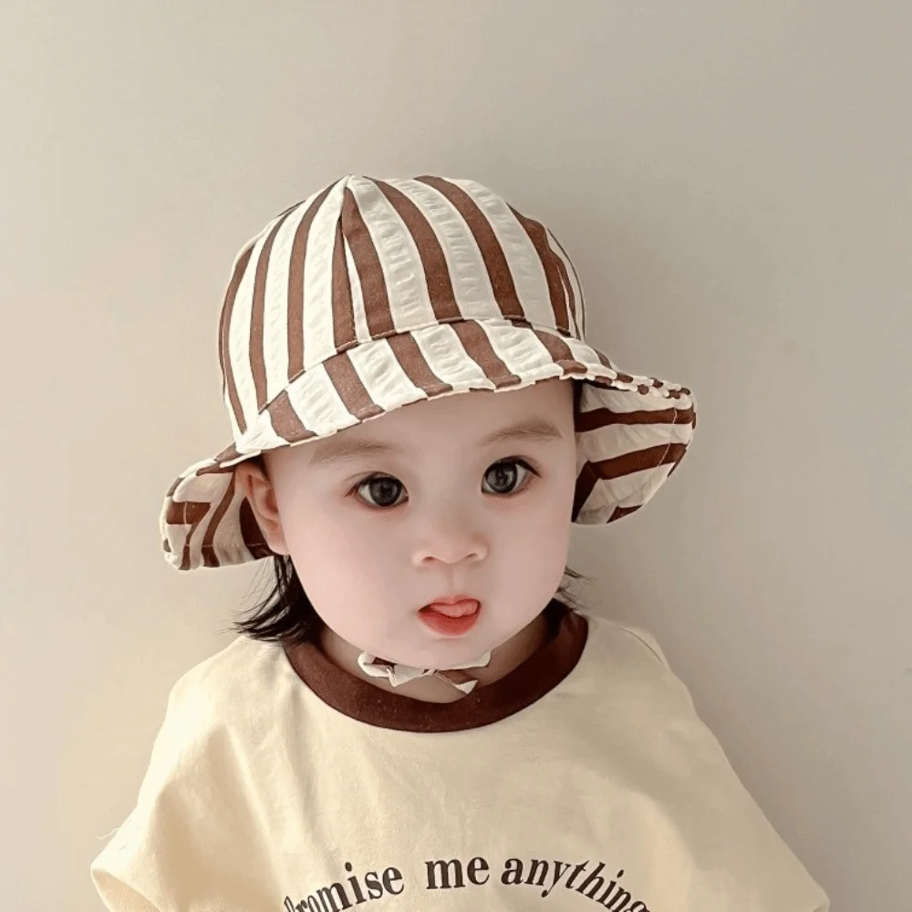 

Striped Pattern Double Sided Baby Bucket Hat Breathable Plaid Pattern Sun Protection Fisherman Cap Adjustable Panama Bonnet