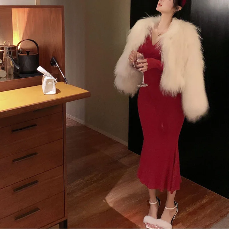 مثير الخامس الرقبة فستان بأكمام طويلة المرأة الخريف سليم الورك ذيل السمكة فستان طويل